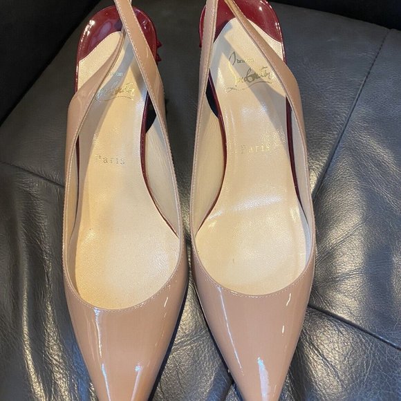 Louboutin Tan Nude Spike Red Heel & Red Bottom Slingbacks 39 Worn Once - Picture 10 of 11